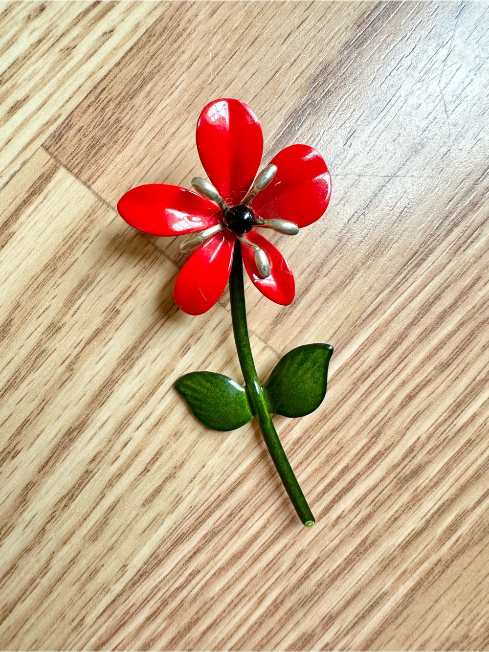 Vintage Red Enamel Flower Brooch with Green Stem